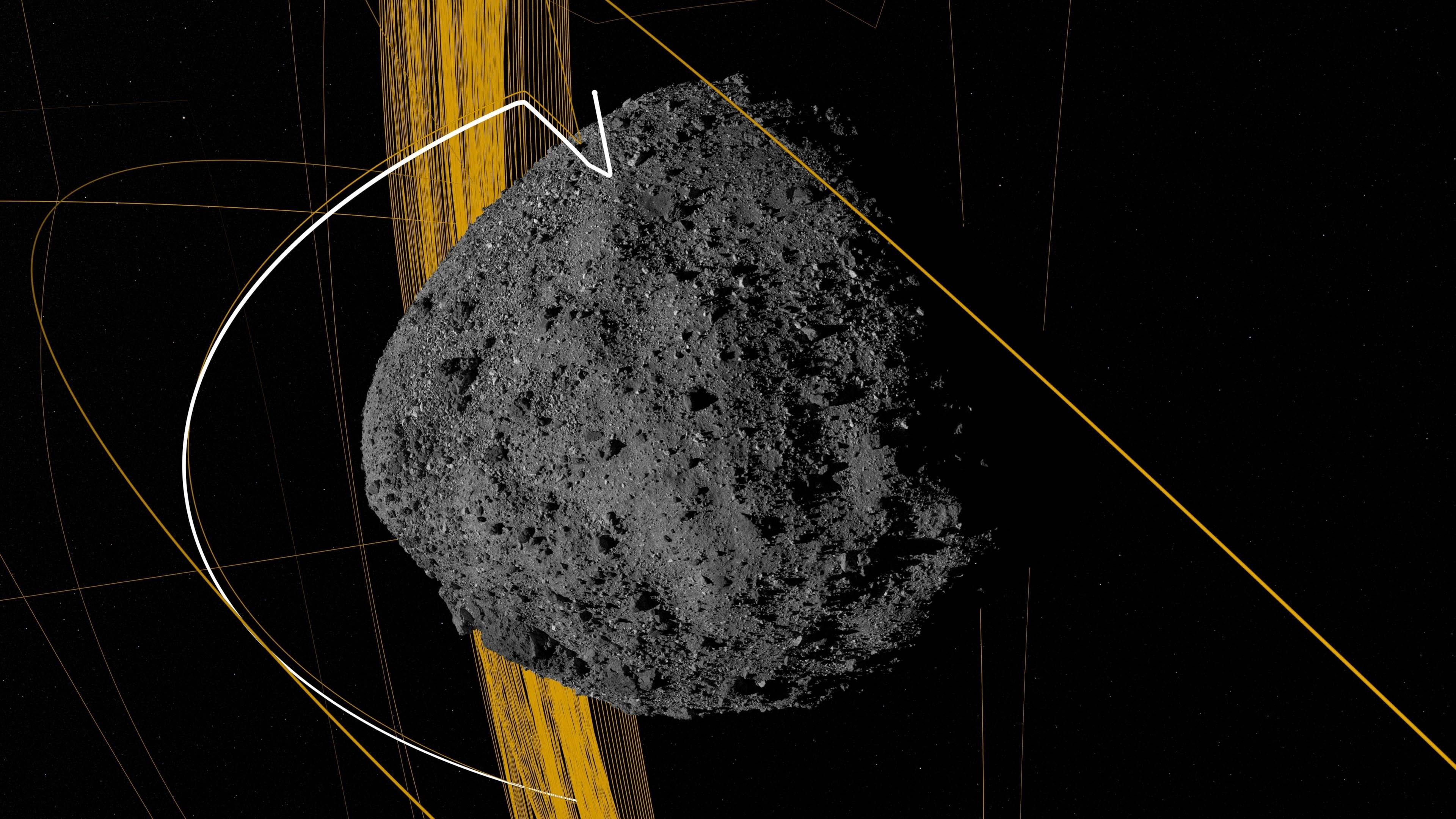 La simulación de trayectoria del asteroide Bennu, de 500 metros de diámetro y una de las principales amenazas espaciales conocidas, que podría chocar con la Tierra a partir del año 2135 EFE/ Centro De Vuelo Espacial Goddard De La Nasa