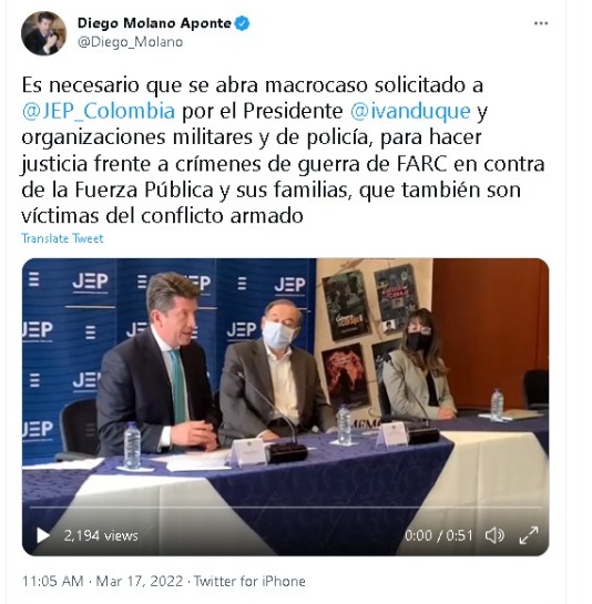 El Ministro lo publicó en sus redes sociales Foto: Twitter @Diego_Molano