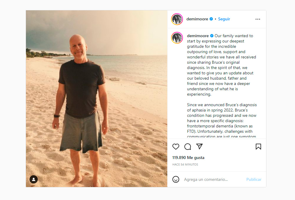 El posteo de Demi Moore en el que revela que el actor sufe de demencia frontotemporal (Instagram)