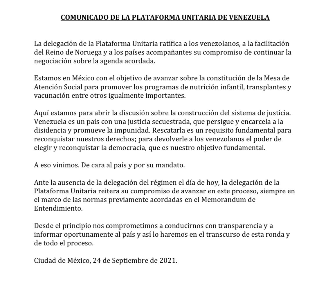 El comunicado emitido por la Plataforma Unitaria de Venezuela