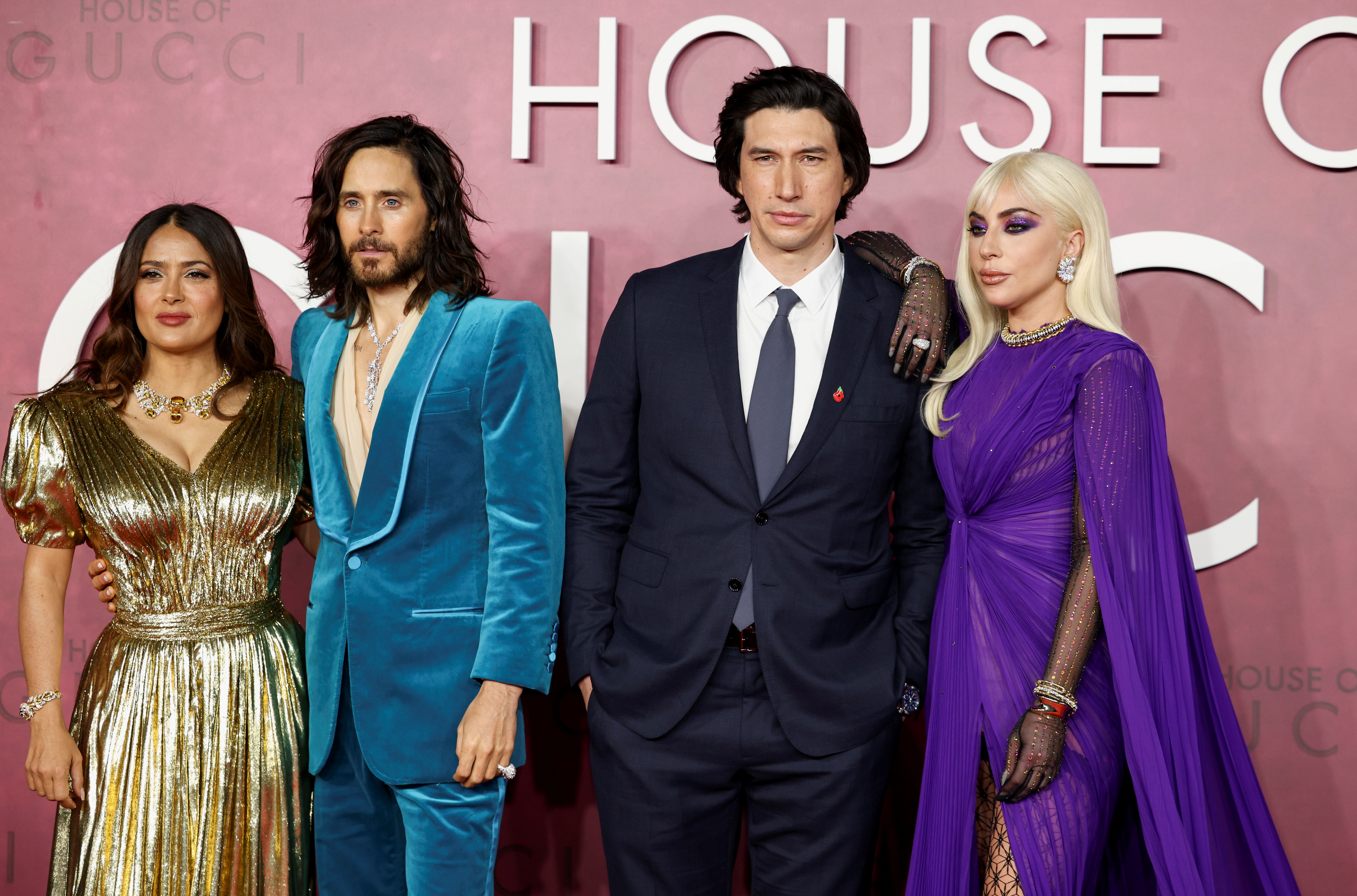 FILE PHOTO: Cast members Salma Hayek, Jared Leto, Adam Driver, and Lady Gaga arrive at the UK Premiere of the film 'House of Gucci' at Leicester Square in London, Britain, November 9, 2021. REUTERS/Henry Nicholls/File Photo