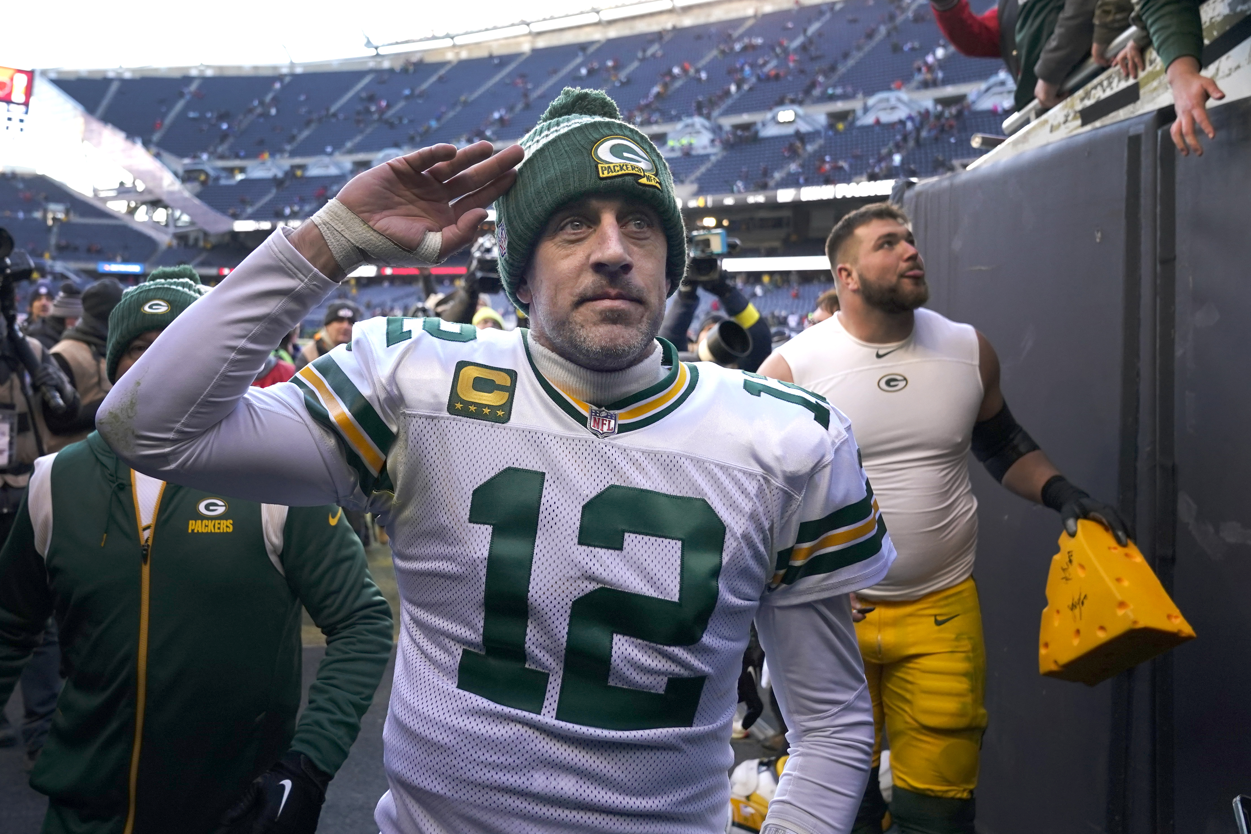 FILE - Green Bay Packers quarterback Aaron Rodgers (12) after a game against the Chicago Bears on Dec. 4, 2022, in Chicago.  (AP Photo/Charles Rex Arbogast)