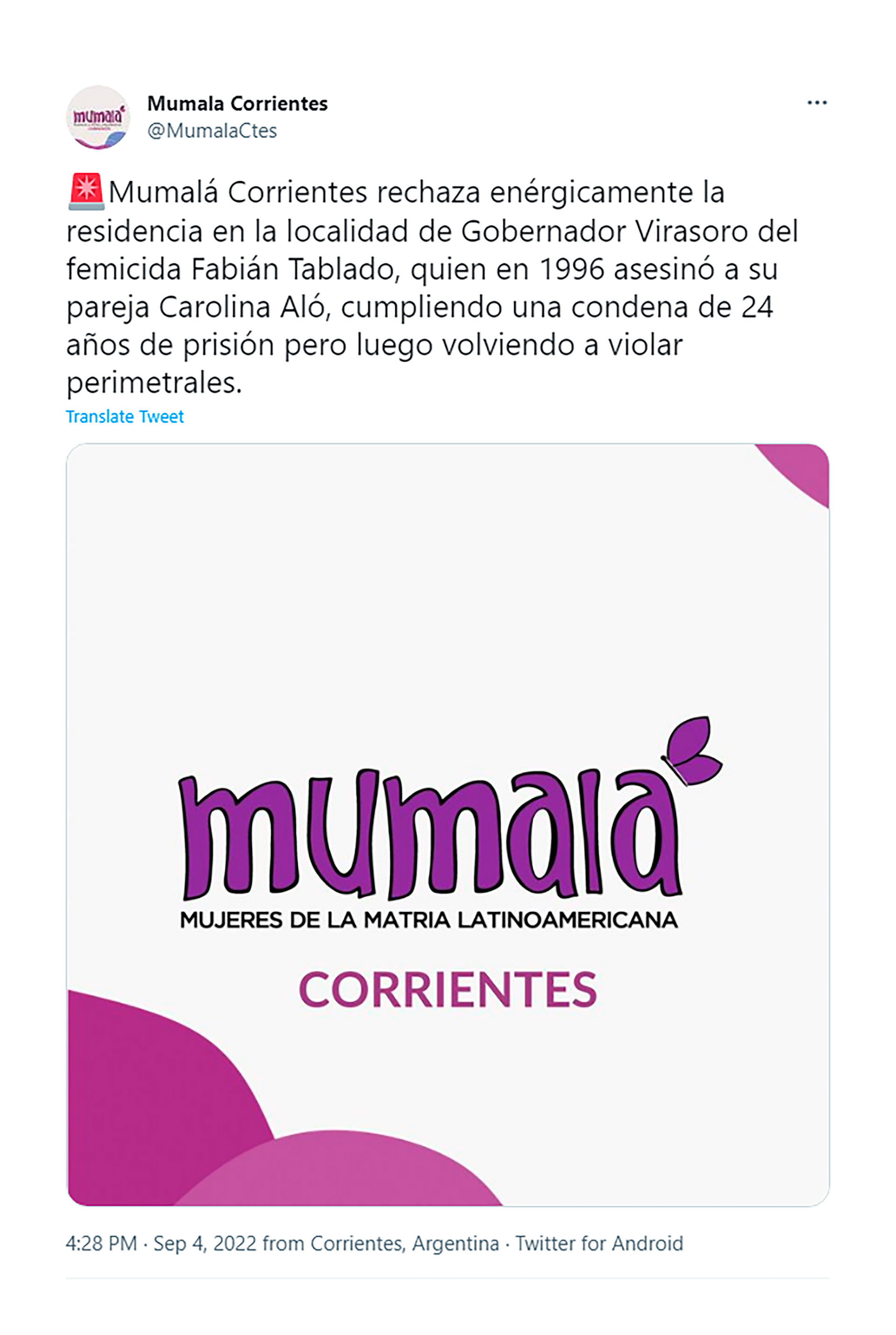 La agrupación feminista “Mumalá Corrientes” rechazó la residencia de Fabián Tablado en Gobernador Virasoro
