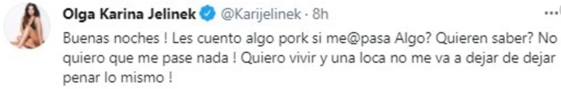 El preocupante tuit de Karina Jelinek