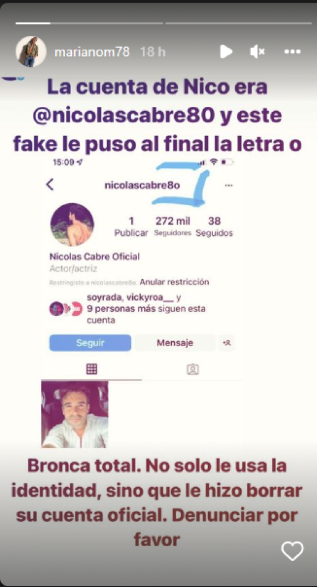 Mariano Martínez también replicó el posteo que denuncia el hackeo a Nicolás Cabré