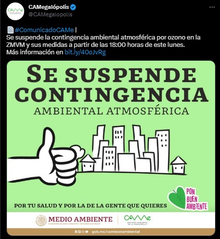 A las 18:00 horas del 27 de marzo se suspendió la contingencia ambiental (Twitter/@CAMegalopolis)