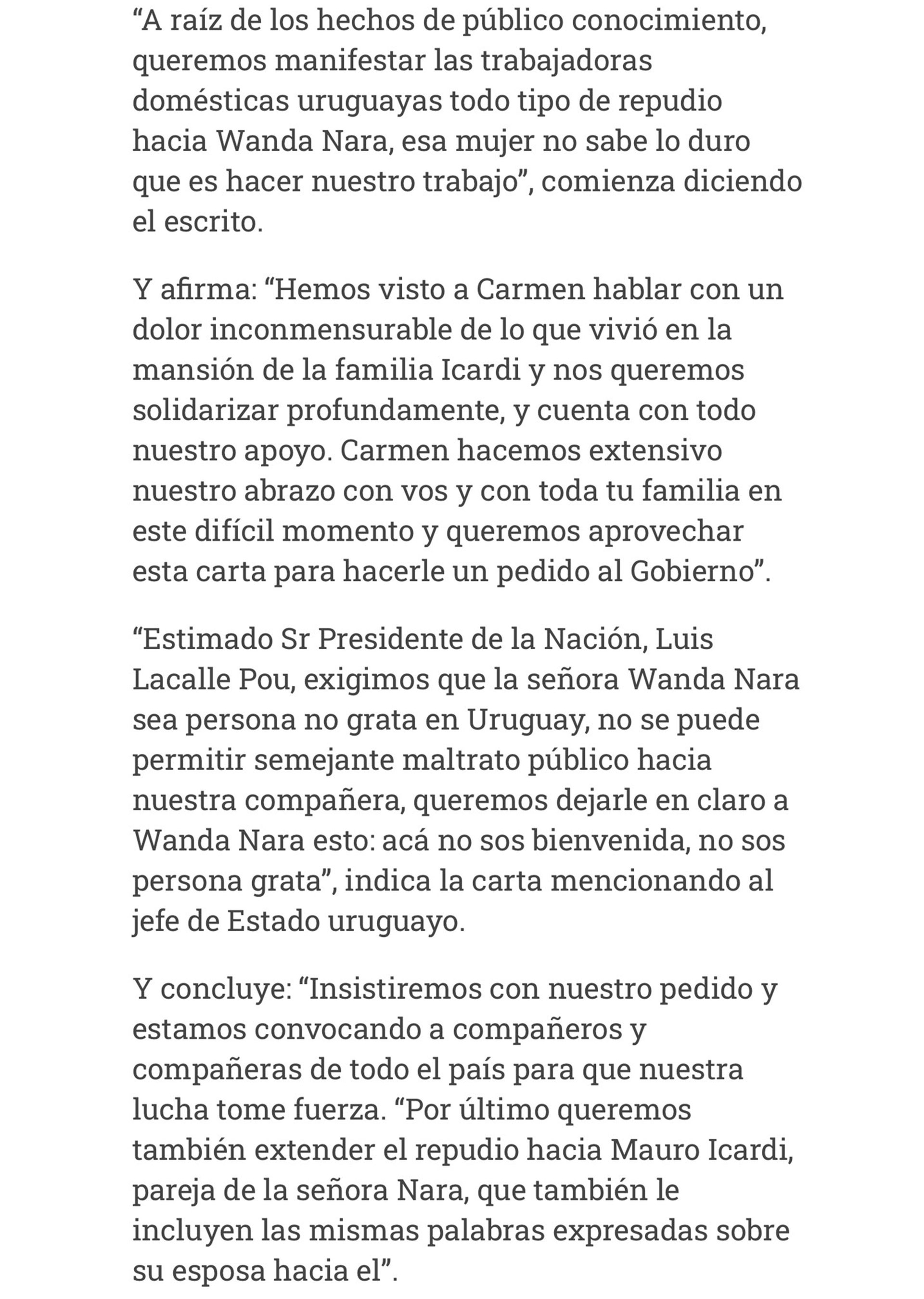 Las empleadas domésticas de Uruguay le solicitaron al Presidente Lacalle Pou declarar a Wanda Nara “persona no grata” 