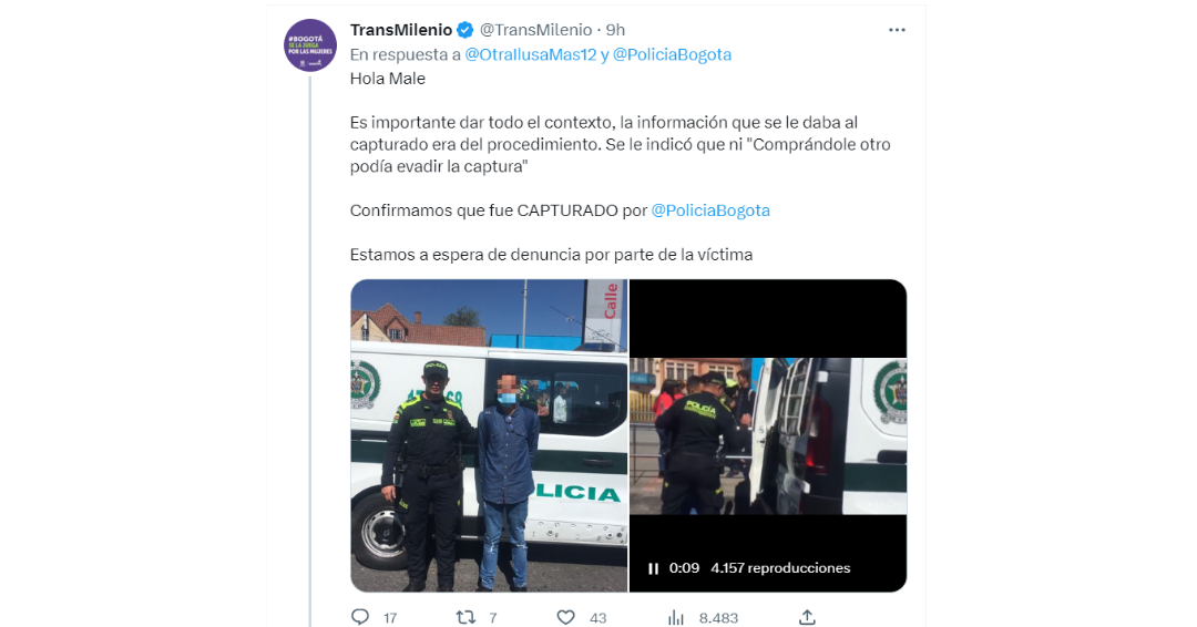 Transmilenio desmintió las afirmaciones de la mujer. Créditos: @TransMilenio/Twitter