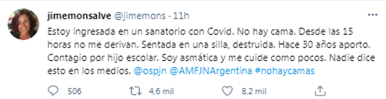 La jueza Jimena Monsalve estuvo casi 12 horas a la espera de una cama en un sanatorio porteño