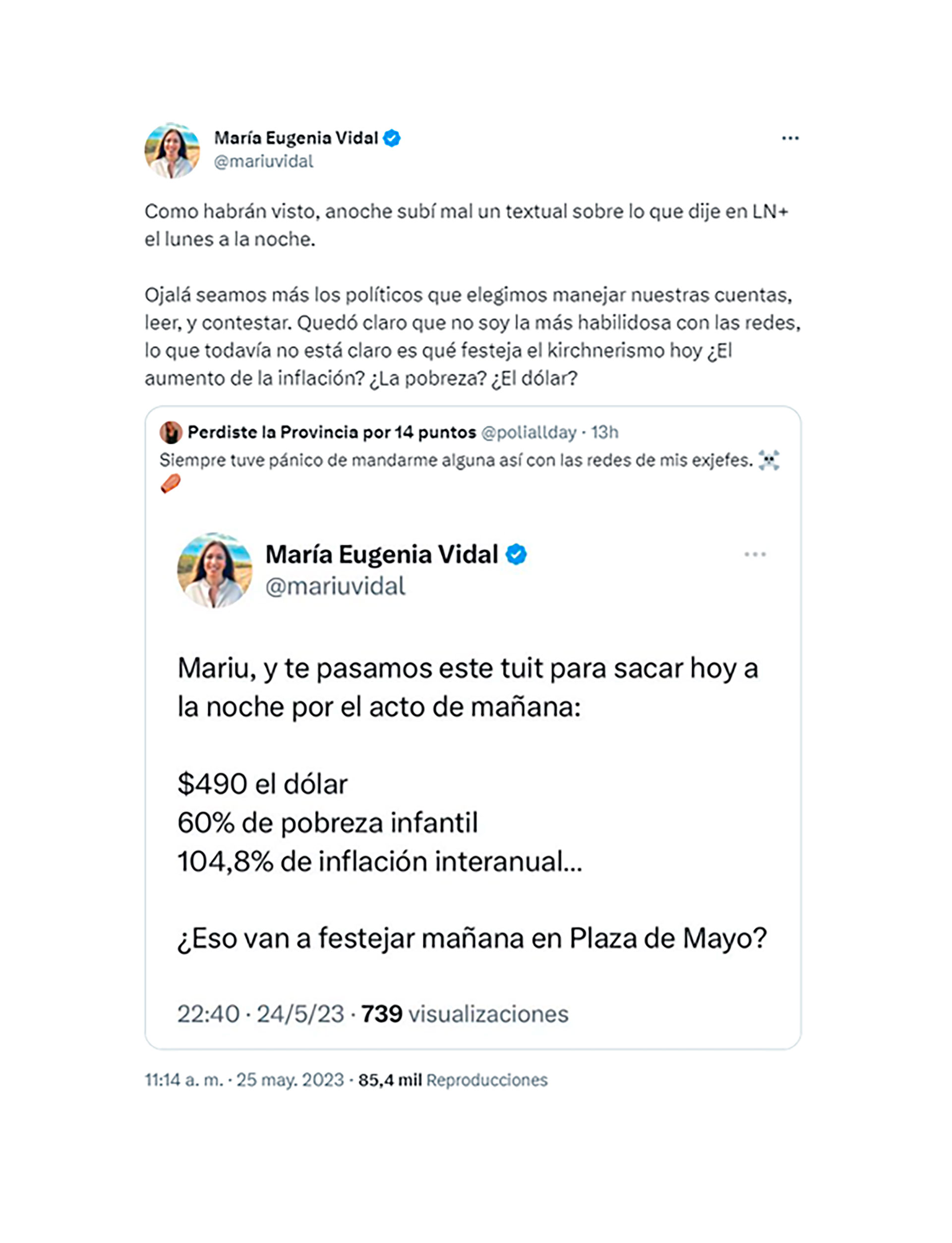 María Eugenia Vidal se refirió a su error en Twitter este jueves al mediodía
