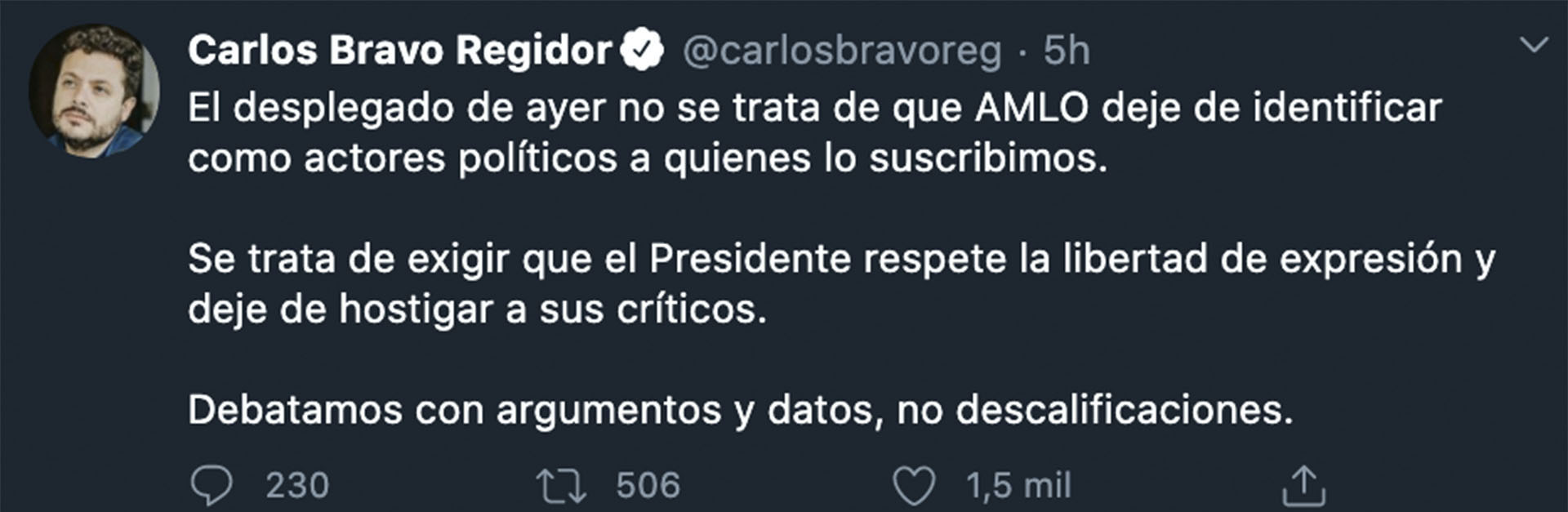 El analista del CIDE invitó a debatir las ideas y no descalificar (Foto: Twitter@carlosbravoreg)