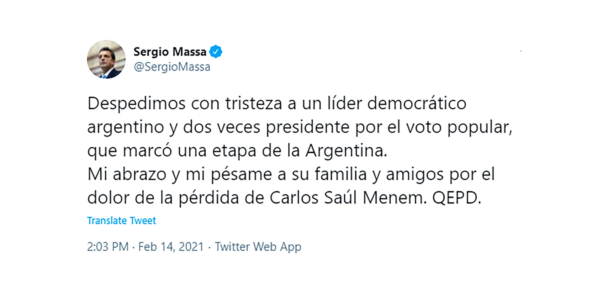 "Marcó una etapa de la Argentina", consideró Sergio Massa