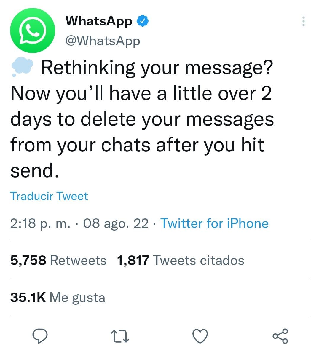 Ahora en Whatsapp se podrán borrar los mensajes hasta 60 horas después. (Twitter)