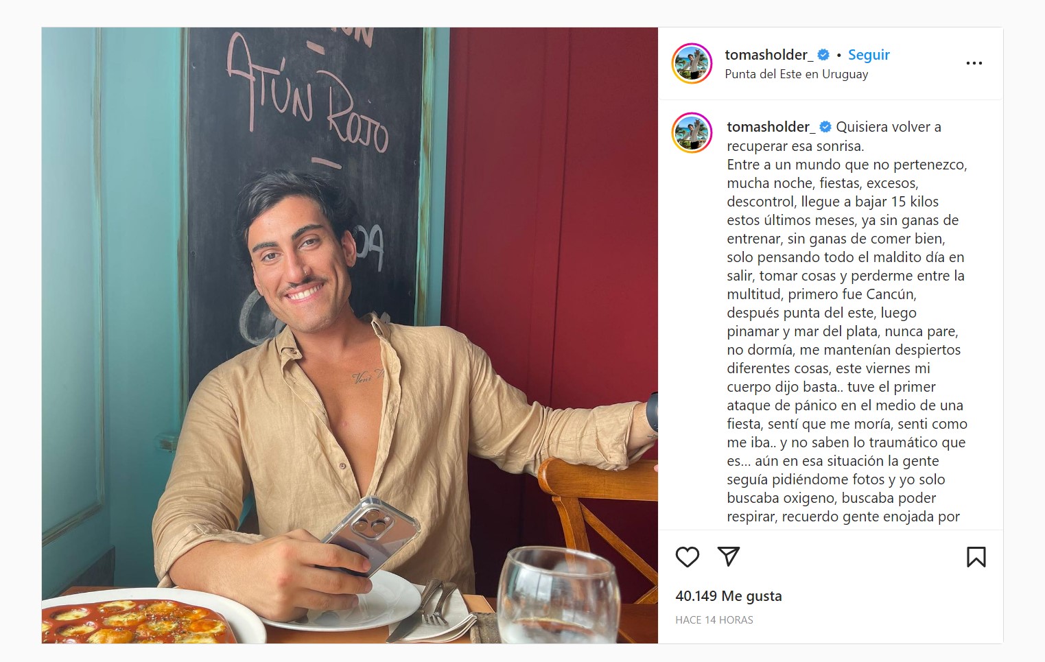 El posteo que hizo Tomás Holder para hablar de sus problemas de salud (Foto: Instagram)