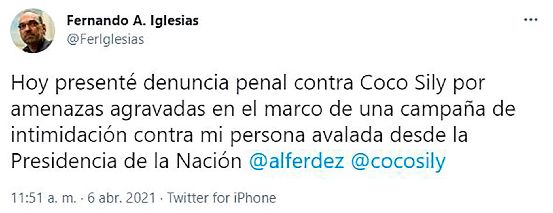 Fernando Iglesias anunció su denuncia contra Coco Sily por amenazas agravadas en Twitter