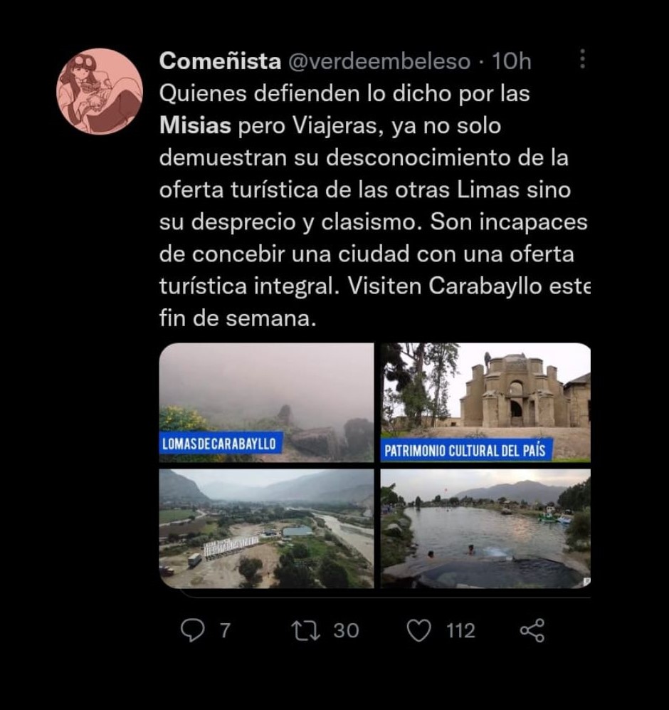 Usuarios debatieron sobre el post de 'Misias pero Viajeras'. (Twitter)