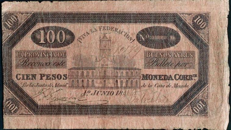 "¡Viva la Federación!" El billete de 100 pesos que emitió la provincia de Buenos Aires en 1841, el primero con la imagen del Cabildo porteño