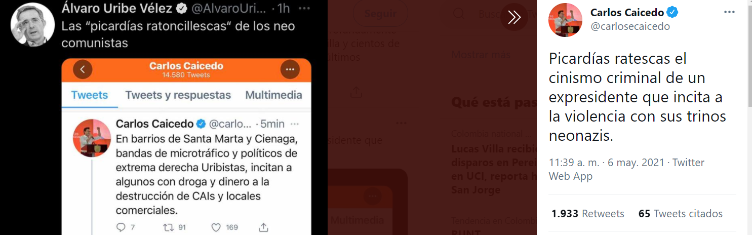 Cruce de insultos Carlos Caicedo y Álvaro Uribe. Foto: Twitter.