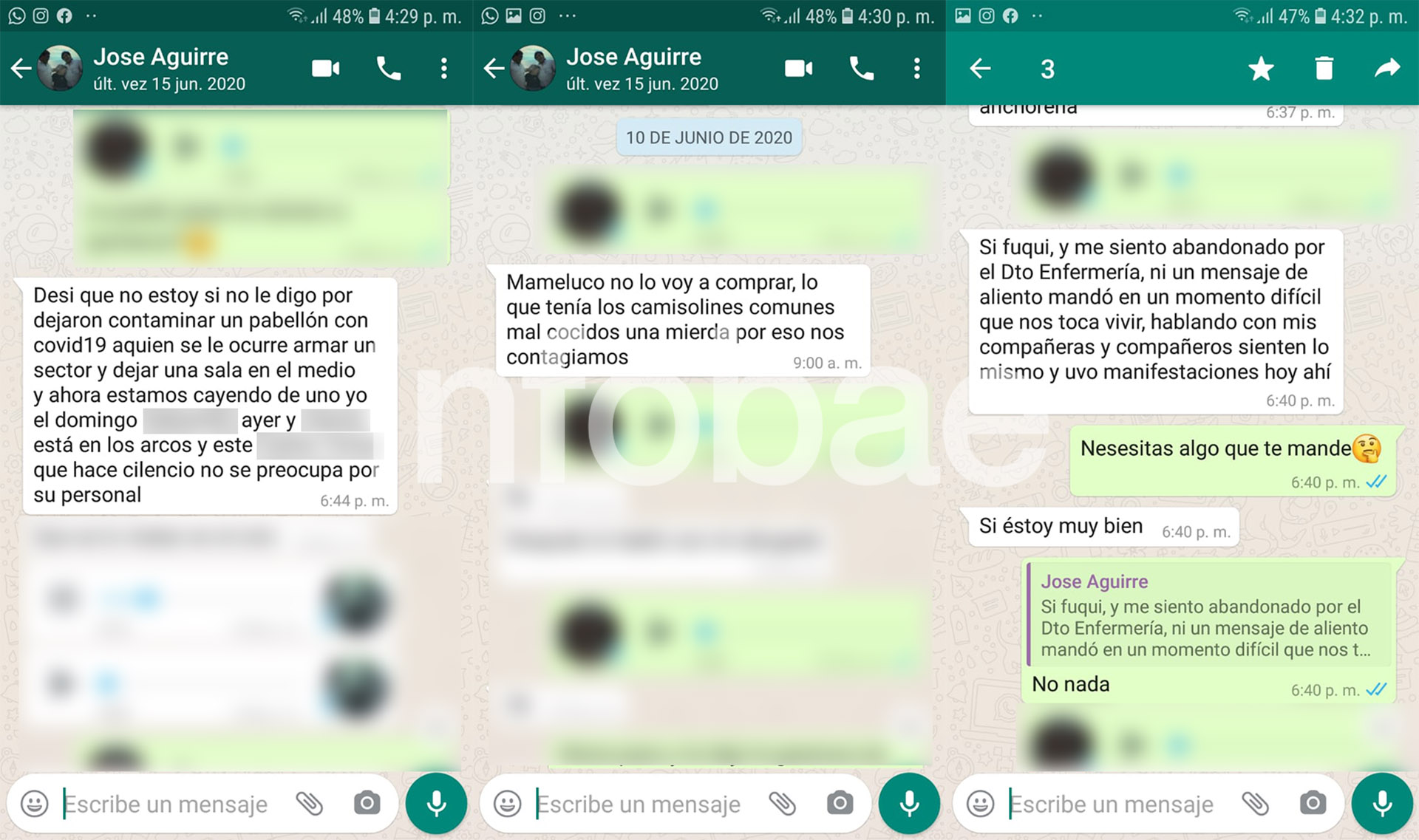 En las conversaciones que mantuvo con un colega, Aguirre manifestaba que el Hospital Rivadavia no le daba los insumos de protección personal adecuados para trabajar.