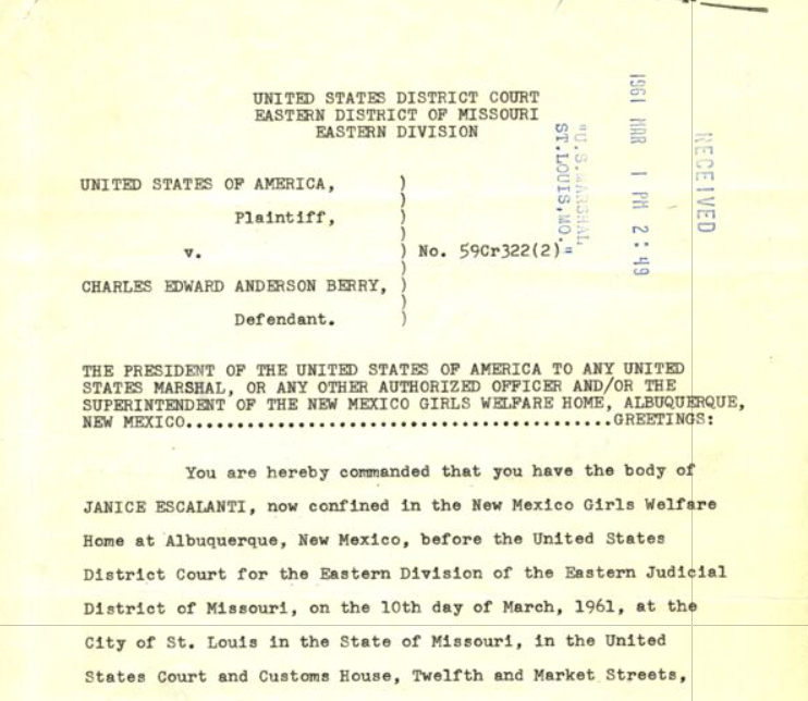 Captura de pantalla del mandato al alguacil para llevar al juicio a Escalanti, quien estaba recluida en Girls Welfare Home de Nuevo México. Fuente: Catálogo de archivos nacionales de EEUU.