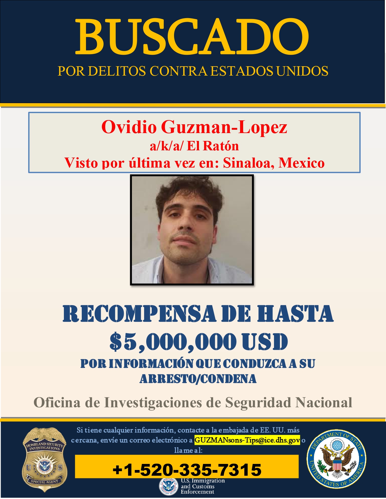 EEUU publicó póster de recompensa por “Los Chapitos”, hijos de Joaquín Guzmán Loera (Foto: Departamento de Estado, EEUU)
