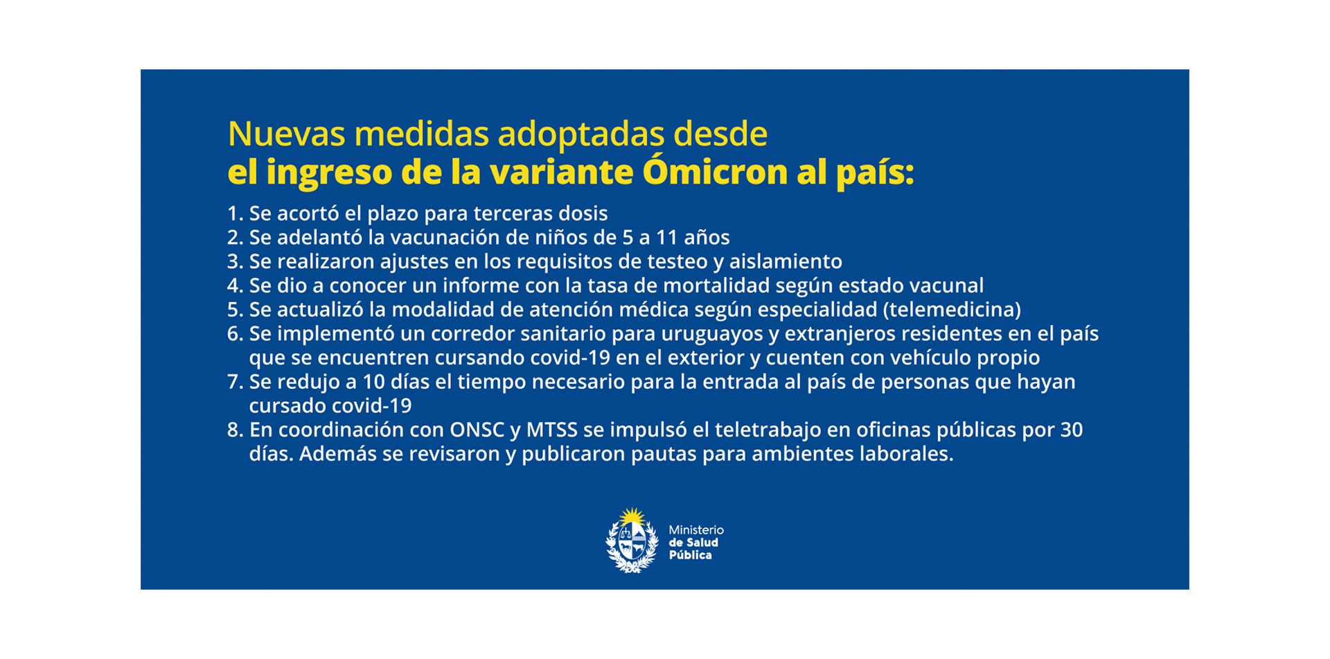 El comunicado difundido por el Ministerio de Salud Pública destaca las ocho medidas tomadas desde el 29 de diciembre hasta el miércoles pasado donde se informaron dos más