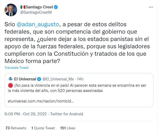 Santiago Creel acusó a Adán Augusto de mentir e incumplir la Constitución.
(Foto: captura de pantalla @SantiagoCreelM)