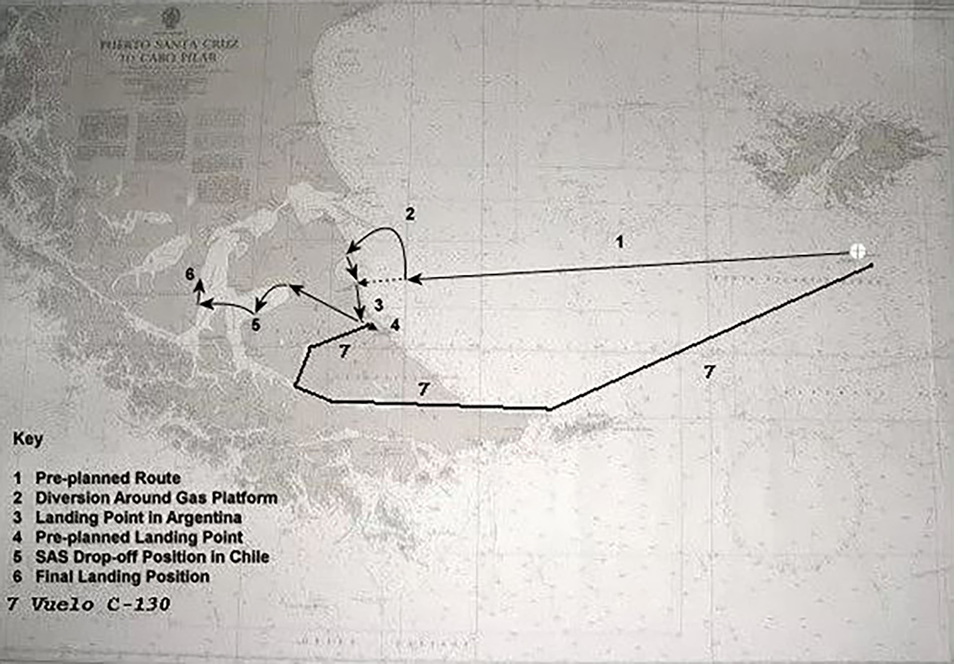 La ruta de la Operacion MIkado y los puntos acordados para que desembarcaran los SAS , primero en Argentina y como opción secundaria en Chile (Plano extraído del libro Special Forces Pilot)