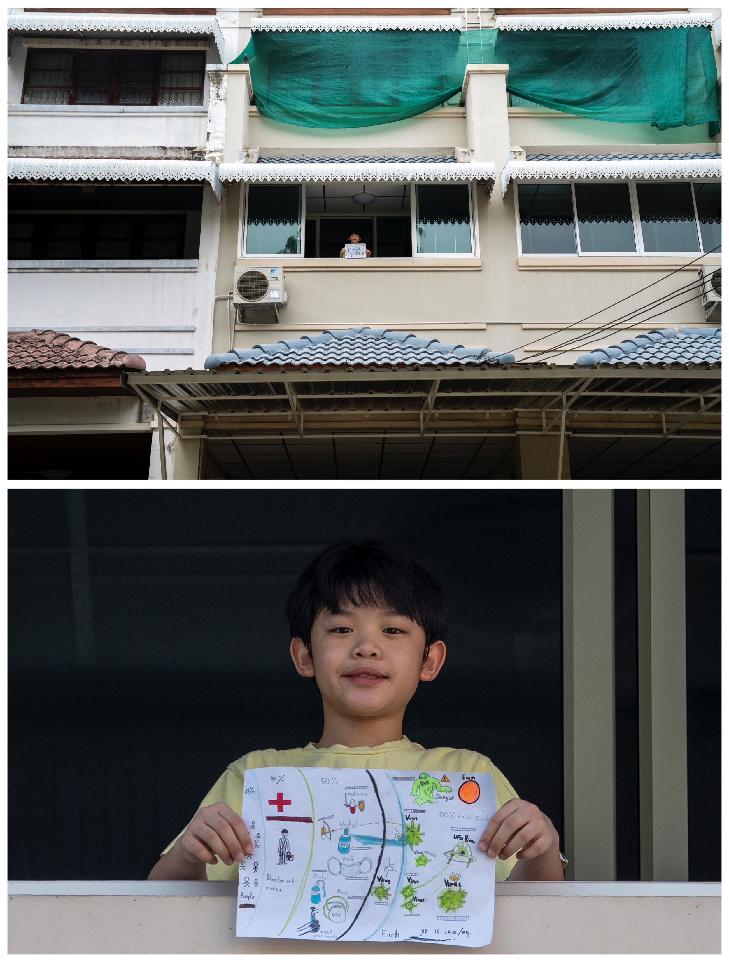 Nipoon Kitkrailard, 10, posa en una ventana de su casa en Samut Prakan, Tailandia, el 21 de abril de 2020. Nipoon, que dibujó al coronavirus, quiere que todos tomen precauciones.