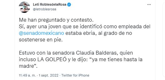 La periodista Leti Robles de la Rosa relató qué fue lo que sucedió entre la empleada del Senado y Claudia Balderas (Foto: Captura de pantalla Twitter)