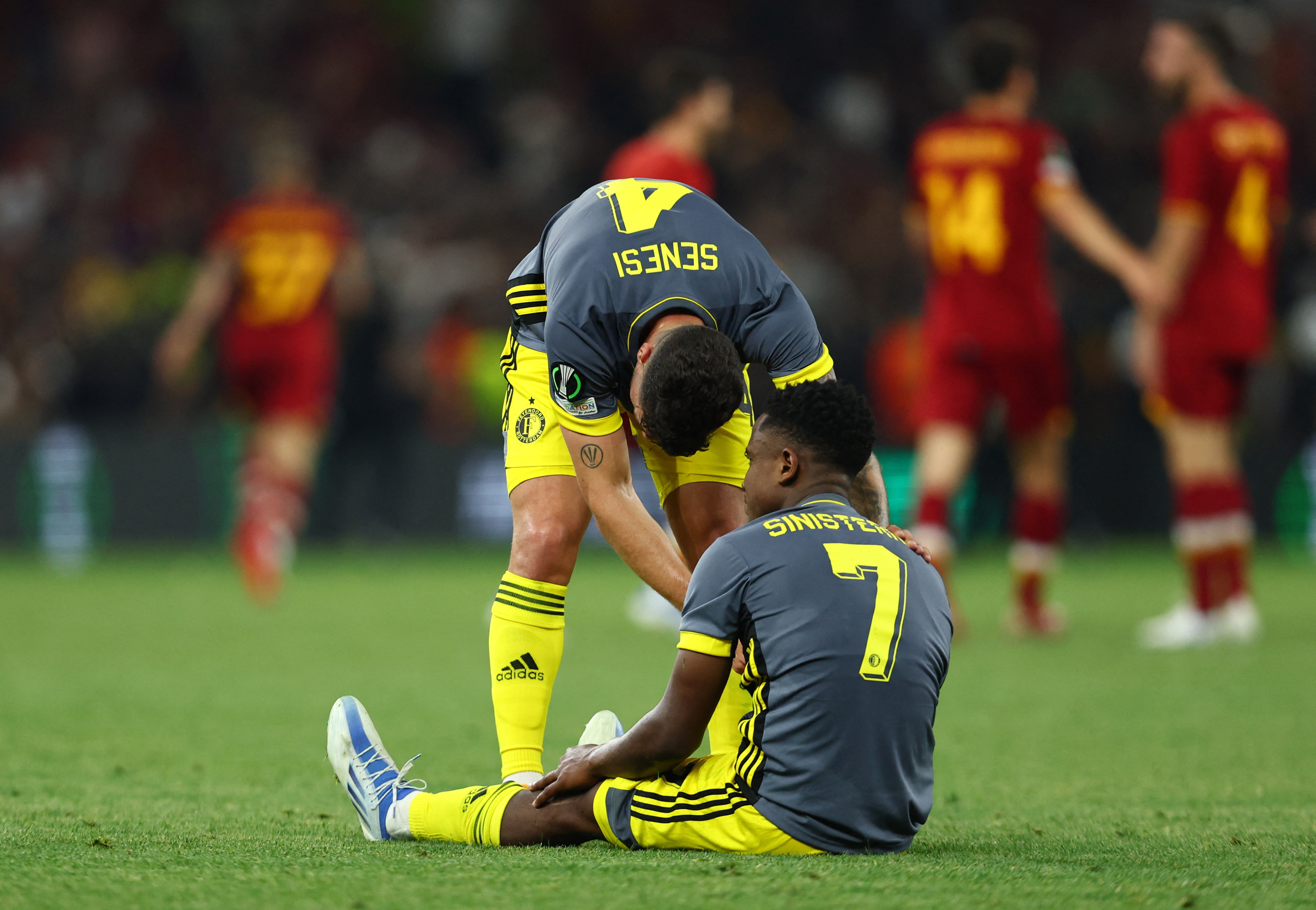 Soccer Football - Europa Conference League - Final - AS Roma v Feyenoord - Arena Kombetare, Tirana, Albania - May 25, 2022  Feyenoord's Marcos Senesi and Luis Sinisterra look dejected after the match REUTERS/Marko Djurica