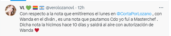 Vero Lozano contó que la entrevista a Wanda Nara ya fue grabada (Twitter)