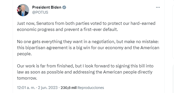 Pronunciamiento de Joe Biden en Twitter tras conocerse la decisión del Senado de EEUU. 