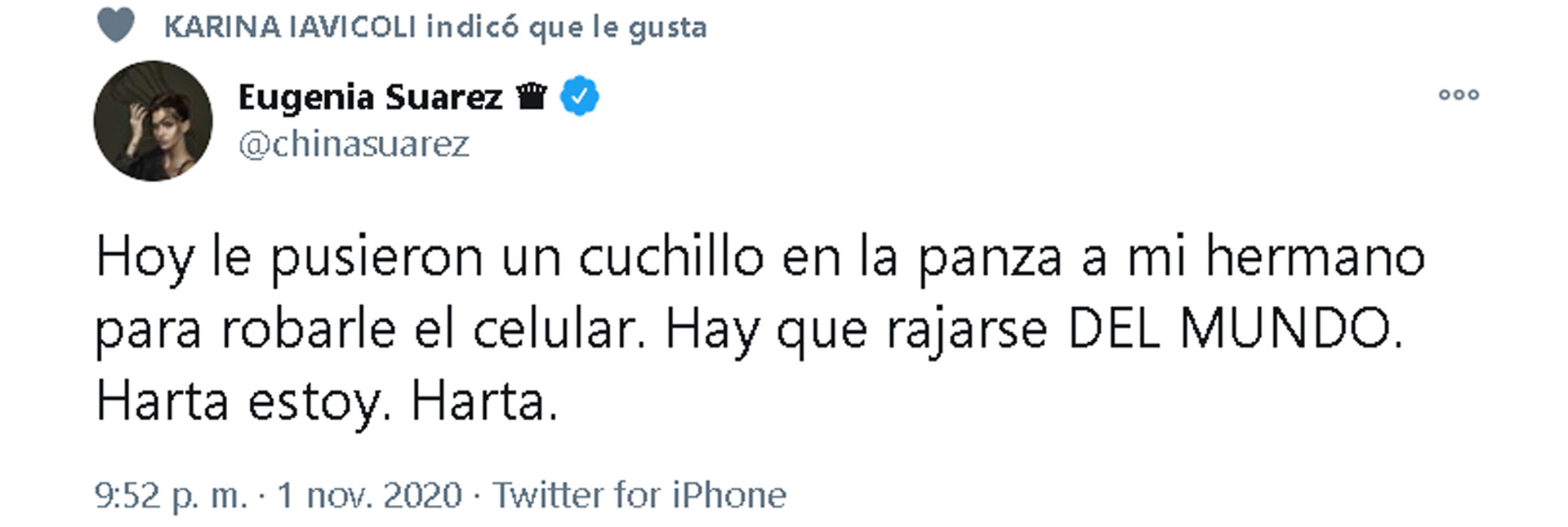 El tuit que escribió la China Suárez y luego borró