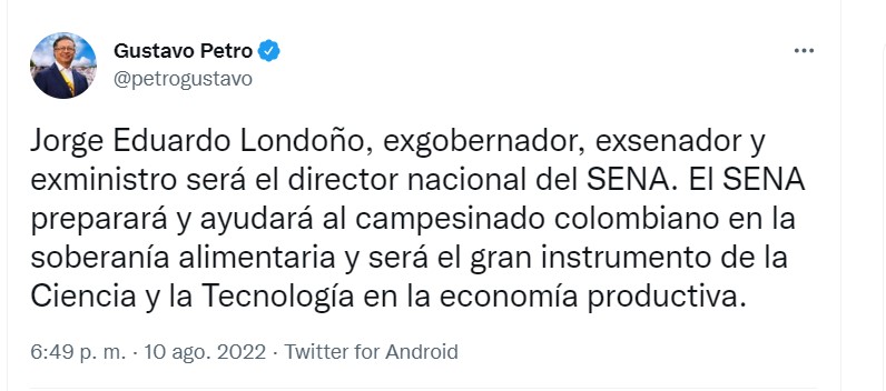 Gustavo Petro anuncia que Jorge Eduardo Londoño será el próximo director del SENA.
Captura de pantalla