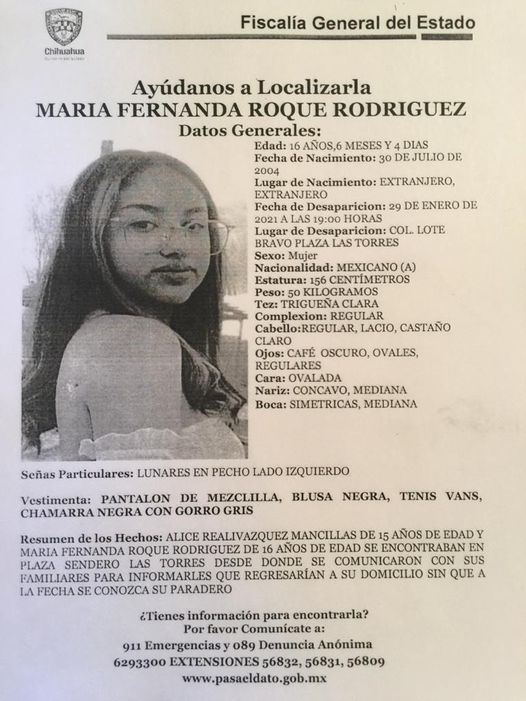Circular de búsqueda de María Fernanda Roque emitida por la FGE de Chihuahua (Foto: Fb/Israel Realivázquez)