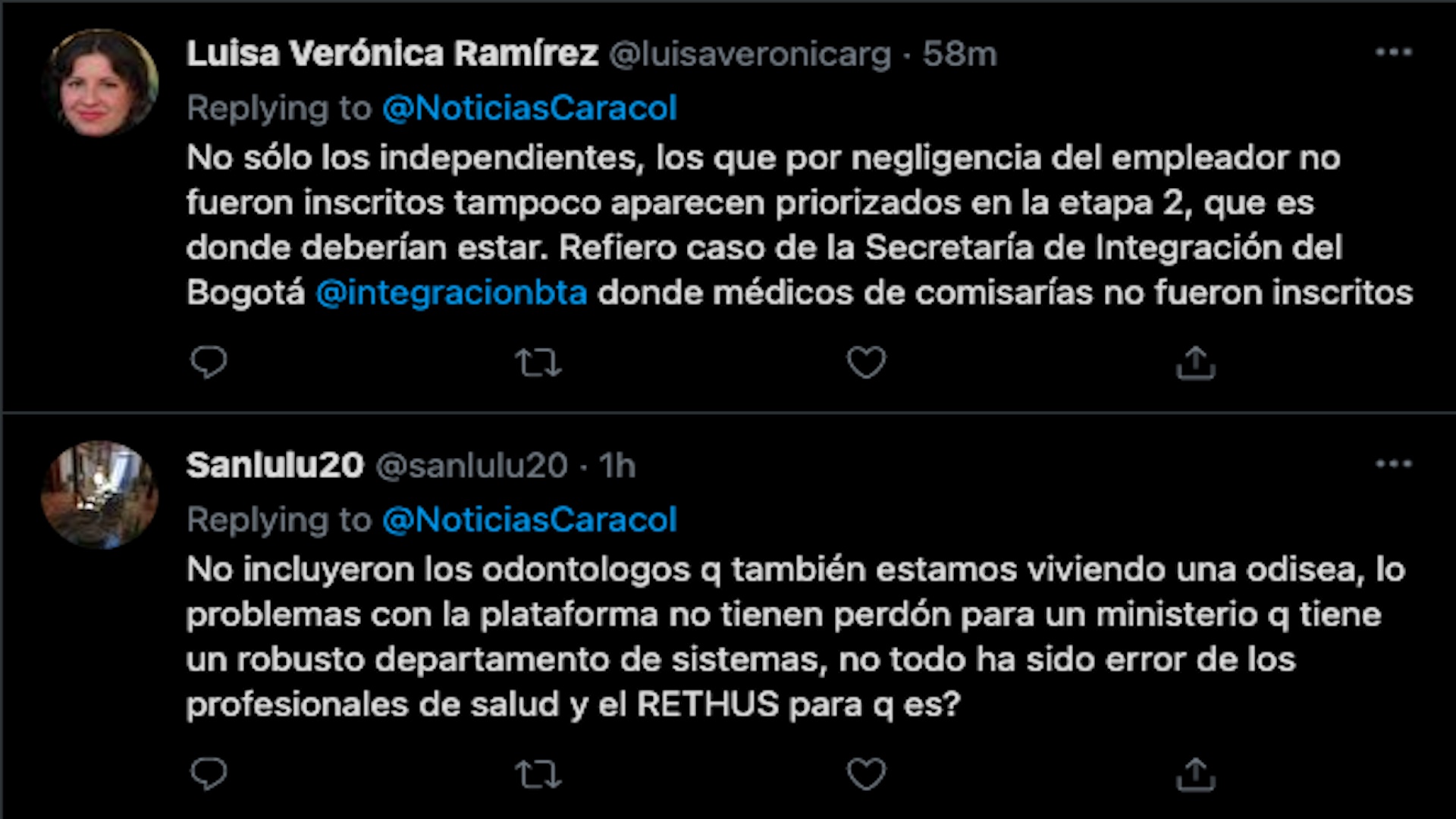 Médicos dependientes y odontólogos tampoco habría sido tenidos en cuenta en la vacunación para profesionales de la salud de Colombia / (Twitter: @NoticiasCaracol).