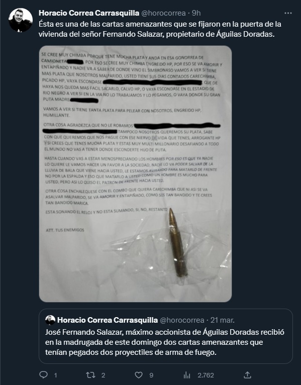 En redes sociales se difundió la amenaza que recibió Fernando Salazar acompañada de dos balas de fusil (@horocorrea/Twitter)