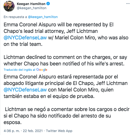 El reportero Keegan Hamilton informó que Mariel Colon Miro y Jeff Lichtman serán los encargados de la defensa legal de a Emma Coronel (Foto: captura de pantalla)