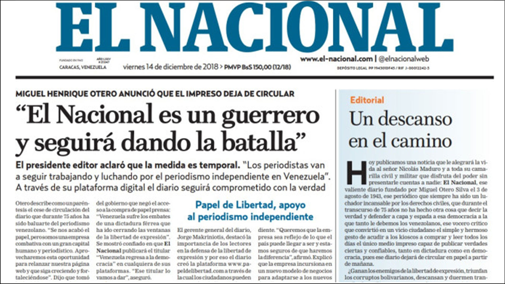 La portada de la última edición en papel de El Nacional