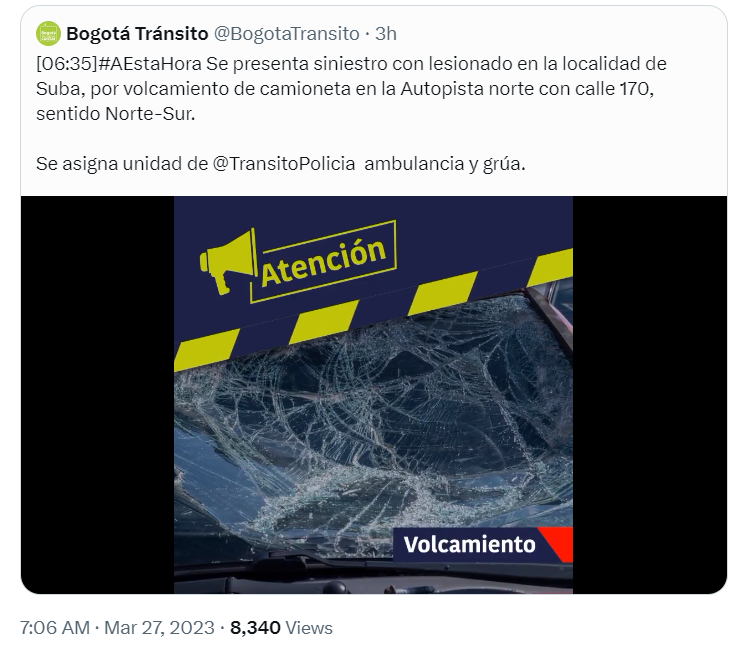Autoridades en el Distrito reportaron fuerte accidente de tránsito que involucró una patrulla de la Policía. @BogotaTransito. Twitter