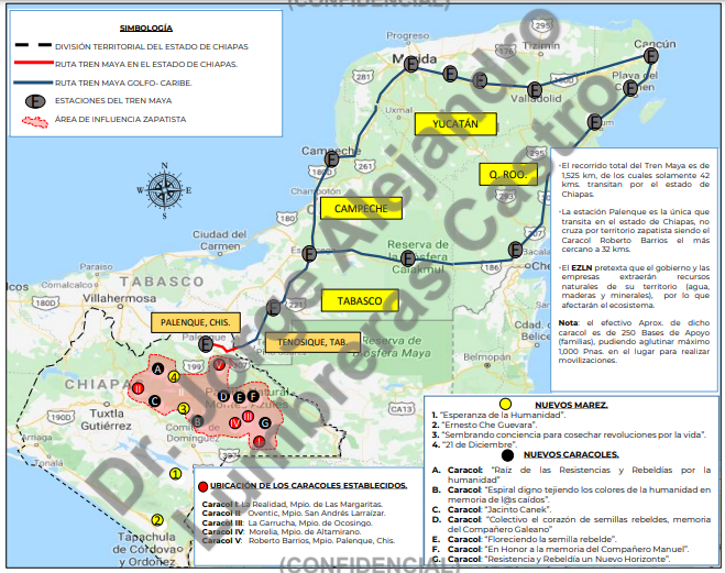 El documento filtrado incluye un mapa con la zona de influencia del EZLN, así como la ruta del Tren Maya (Foto: Especial)
