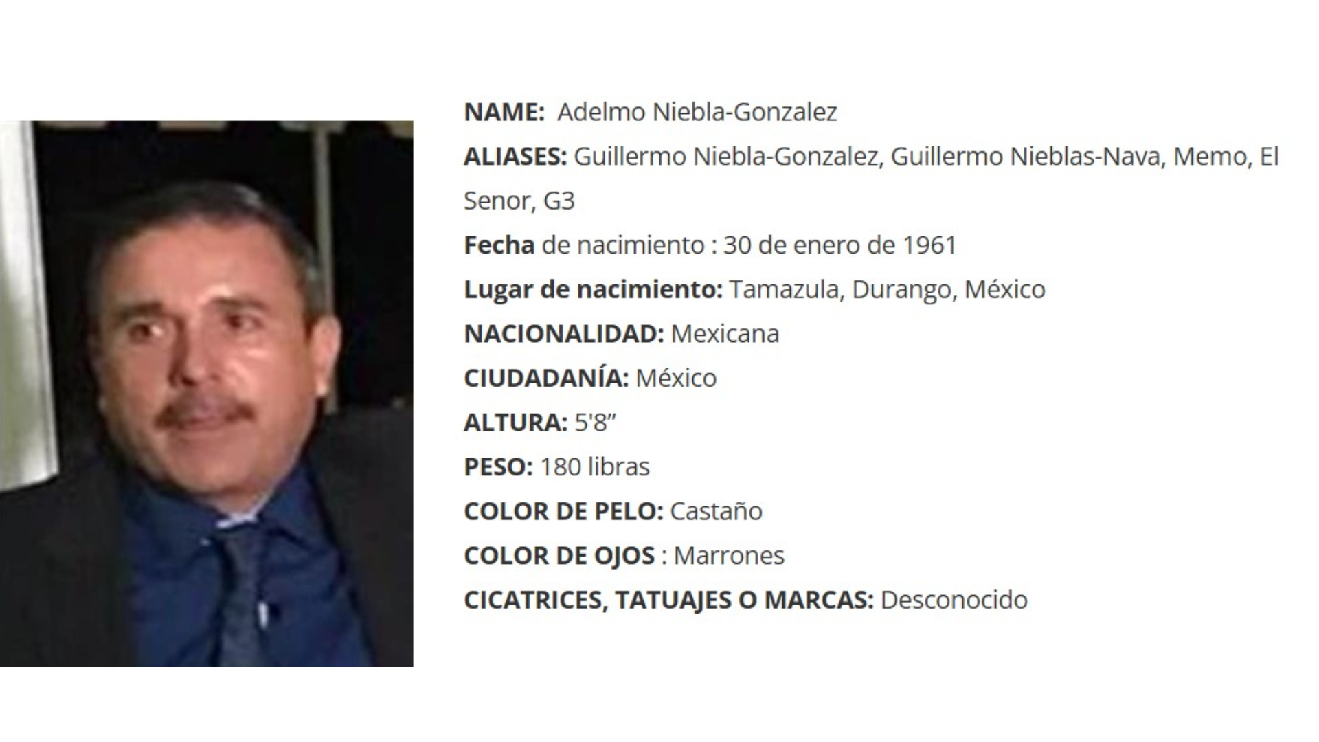 Adelmo Niebla González, alias 'El Señor', es uno de los más buscados por EEUU. (Captura: Departamento de Estado de EEUU).