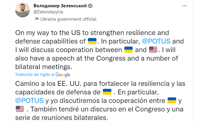 La Casa Blanca había anunciado previamente la visita de Zelensky y la intervención del líder ucraniano en una sesión conjunta de las dos Cámaras del Congreso de los Estados Unidos. (TWITTER)