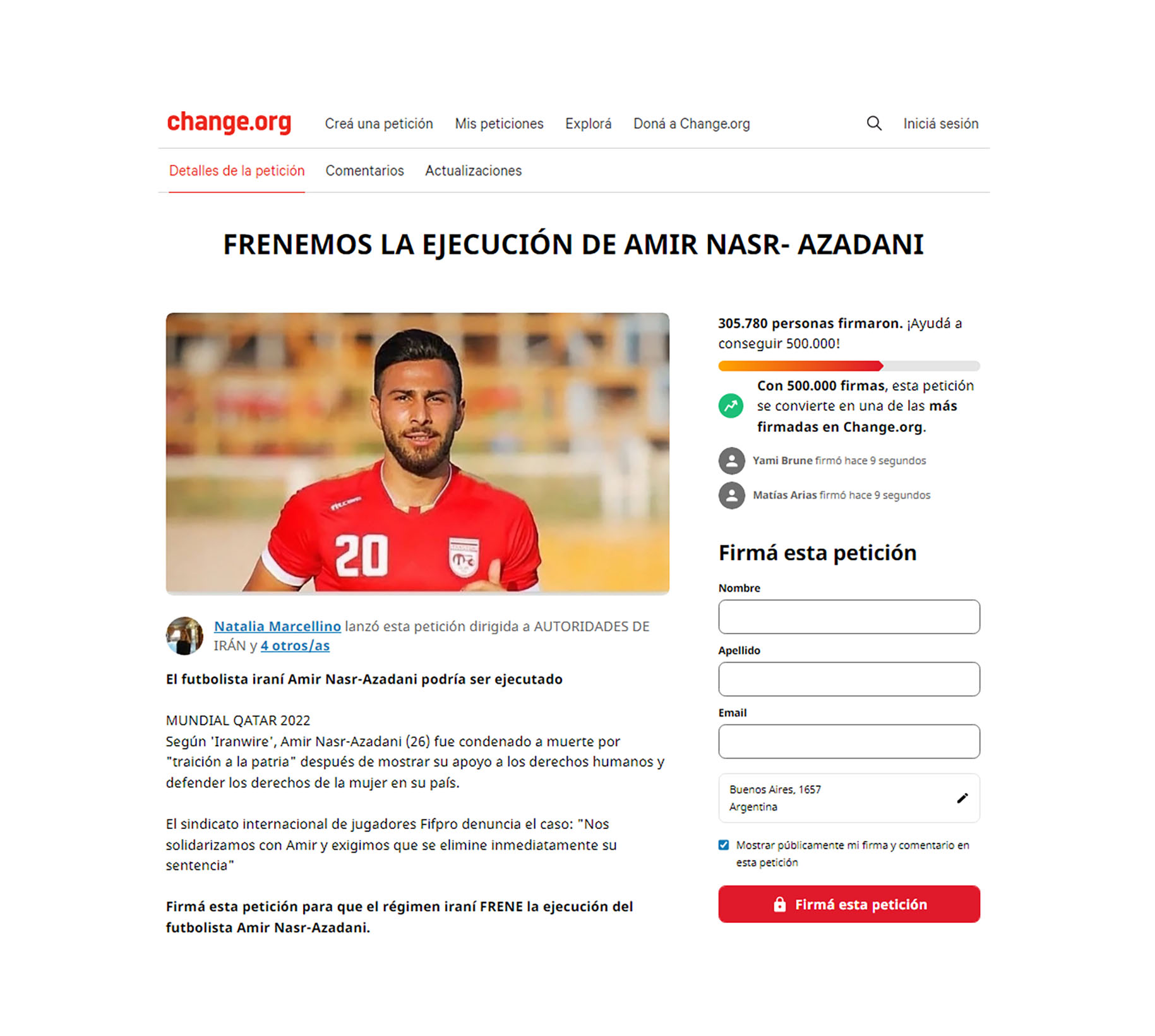 A favor de la anulación de la pena capital contra Amir, el futbolista del Iranjaván, se han alzado miles de voluntades individuales