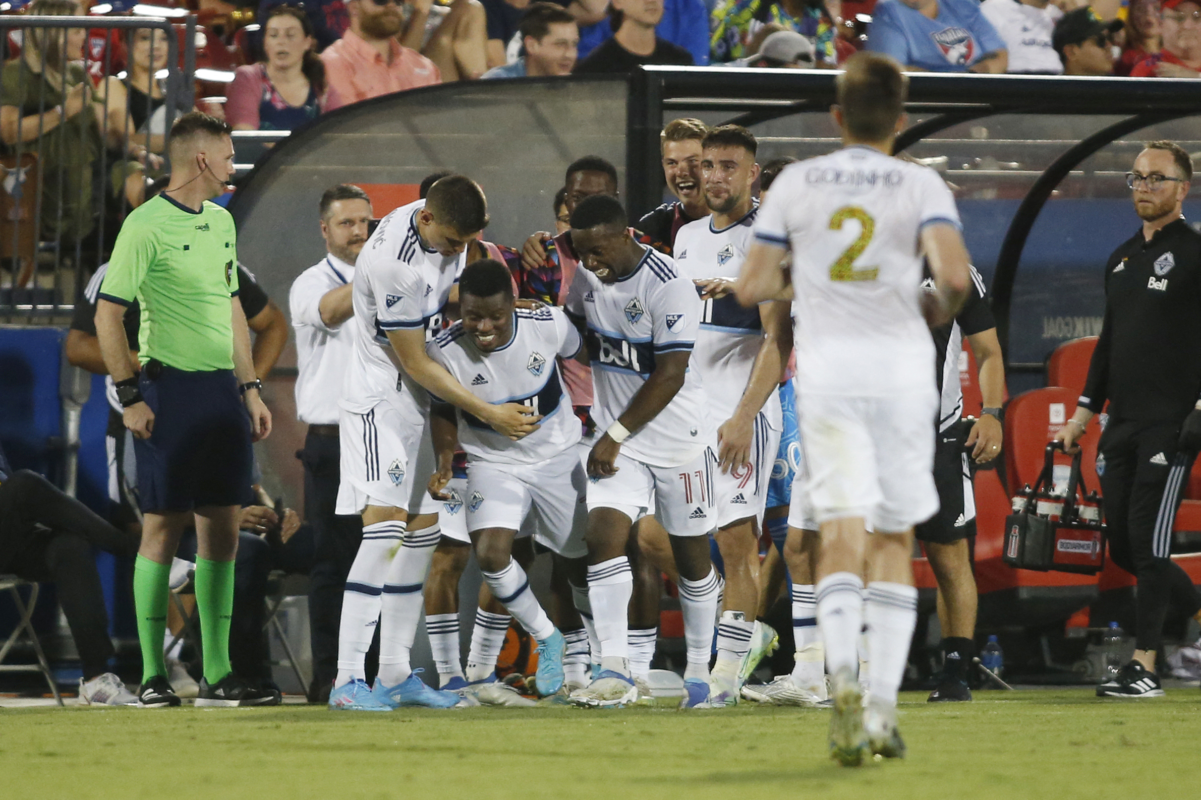 Jun 18, 2022; Frisco, Texas, USA; Vancouver Whitecaps forward Deiber Caicedo (7) celebrates with teammates after scoring a goal against FC Dallas in the first half at Toyota Stadium. Mandatory Credit: Tim Heitman-USA TODAY Sports