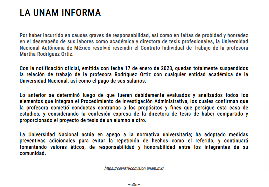 UNAM statement on the dismissal of Martha Rodríguez Ortiz, in relation to the plagiarism of Yasmín Esquivel (capture/UNAM)