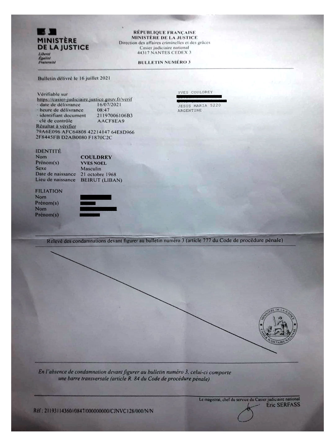 La ficha de antecedentes de Noel certificada por el Ministerio de Justicia de Francia que su abogado planeaba presentar cuando la Justicia lo llamara a declarar