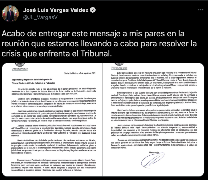 La decisión la tomó el magistrado con el fin de "resolver la crisis" al interior del Tribunal Electoral (Foto: Twitter/@JL_VargasV)