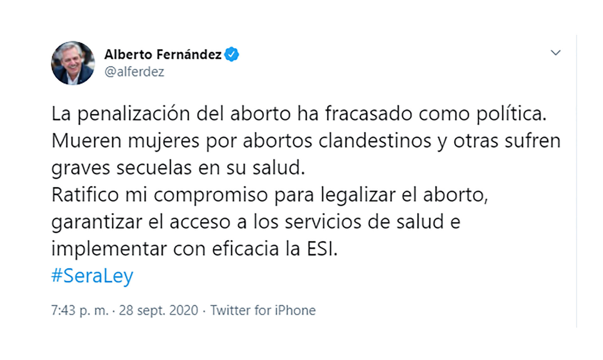 El Presidente Alberto Fernández se volvió a mostrar a favor del aborto legal el 28 de septiembre.